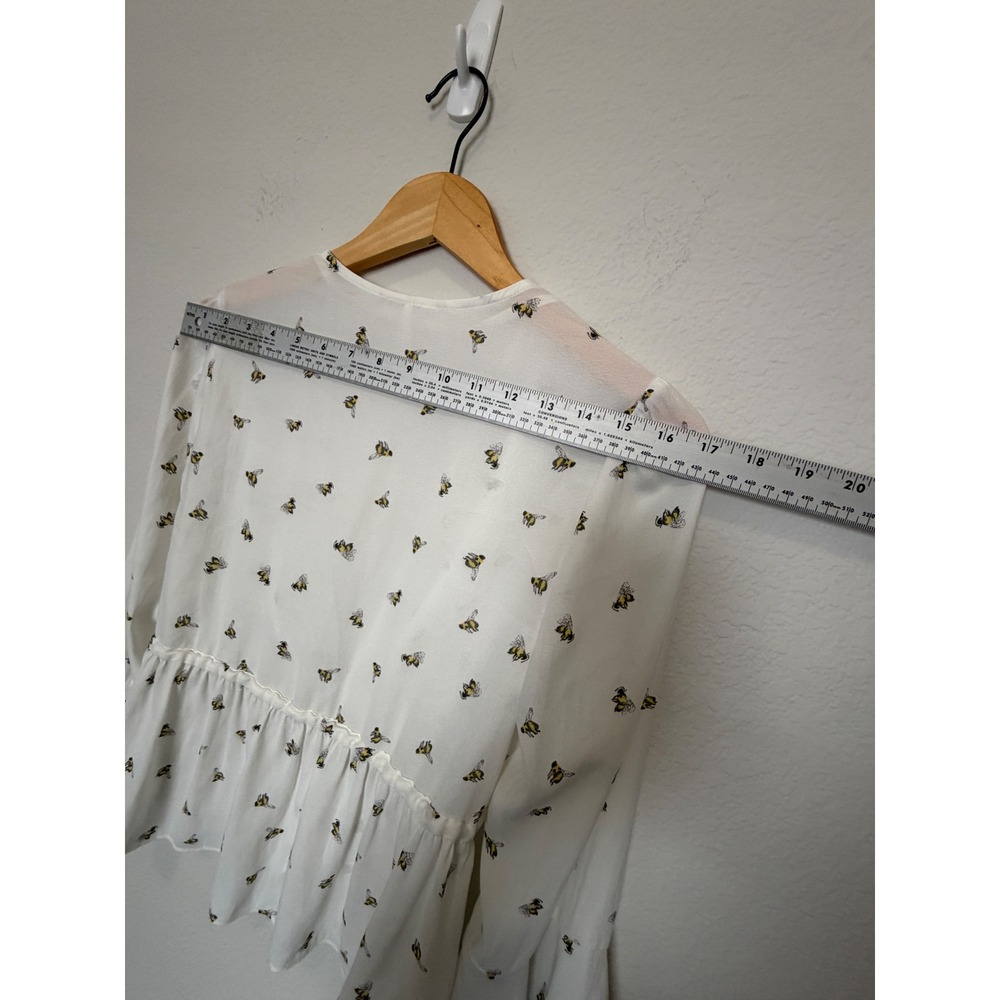 Free People Bee Print Tie Front Blouse Boho Bell Sleeve Sheer Top White S - Picture 10 of 16